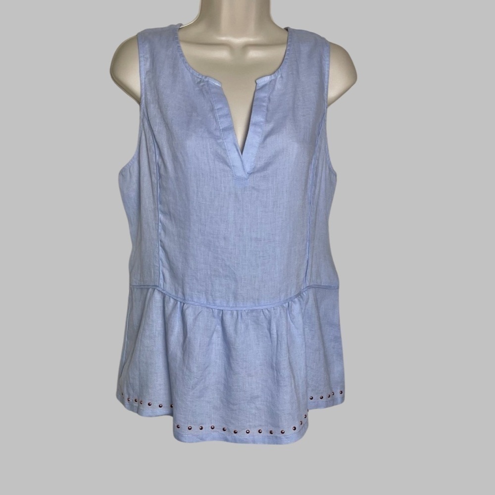 Ivanka Trump Top 100% Linen V-neck Size L Rose Gold Studded Hem Sleeveless Blue